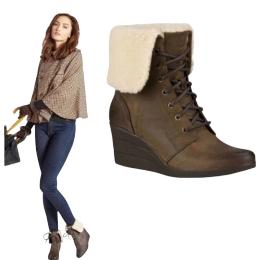 UGG Leather Wedge Boots Women's 6 Brown‎ Lace Up Shearling Cuff Casual Winter